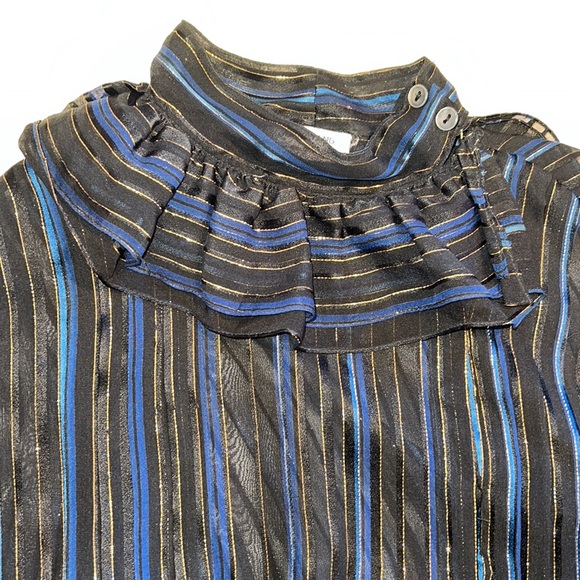 John Yang Shirt Womens 12 Blue Black Striped Long Sleeve Blouse Ruffle High Neck - Picture 9 of 12